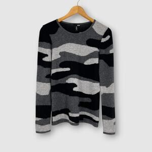 Aqua 100% Cashmere Gray Camo Intarsia Knit Crewneck Sweater Black Gray Medium